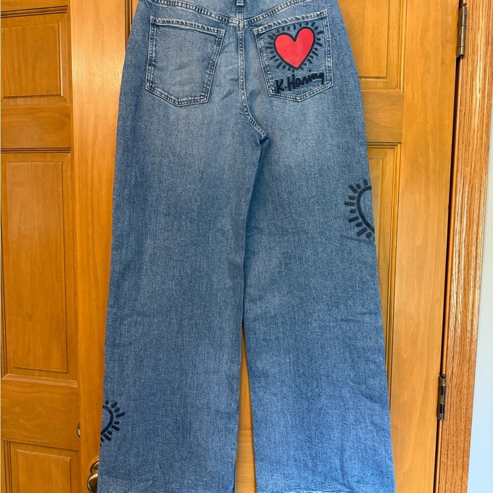H&M Blue Keith Haring Heart-Patterned Wide Leg Jeans - Picture 2 of 10